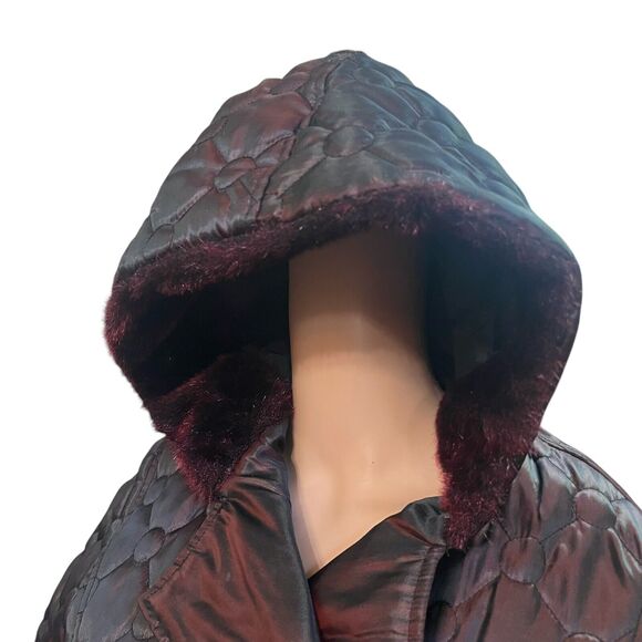 Y2K Rampage Quilted Puffer Jacket Hooded Faux Fur Trim Red Iridescent - Picture 3 of 9